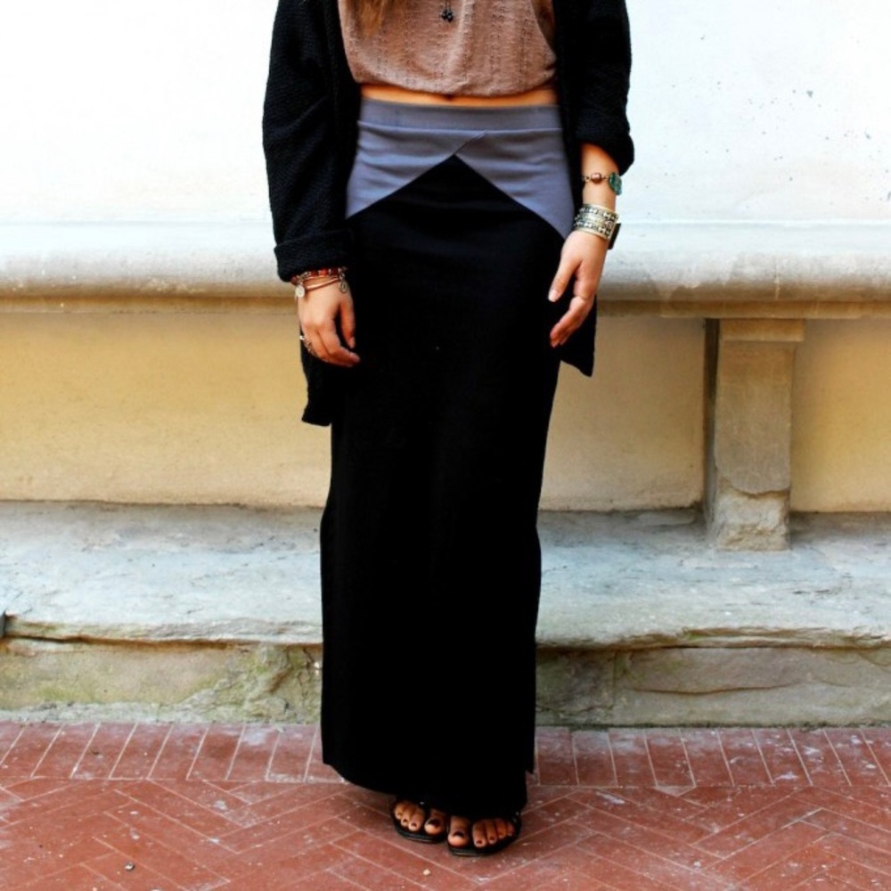 2/$10 - Long Black Boho Skirt with Triangular Grey Accent Along Waistband